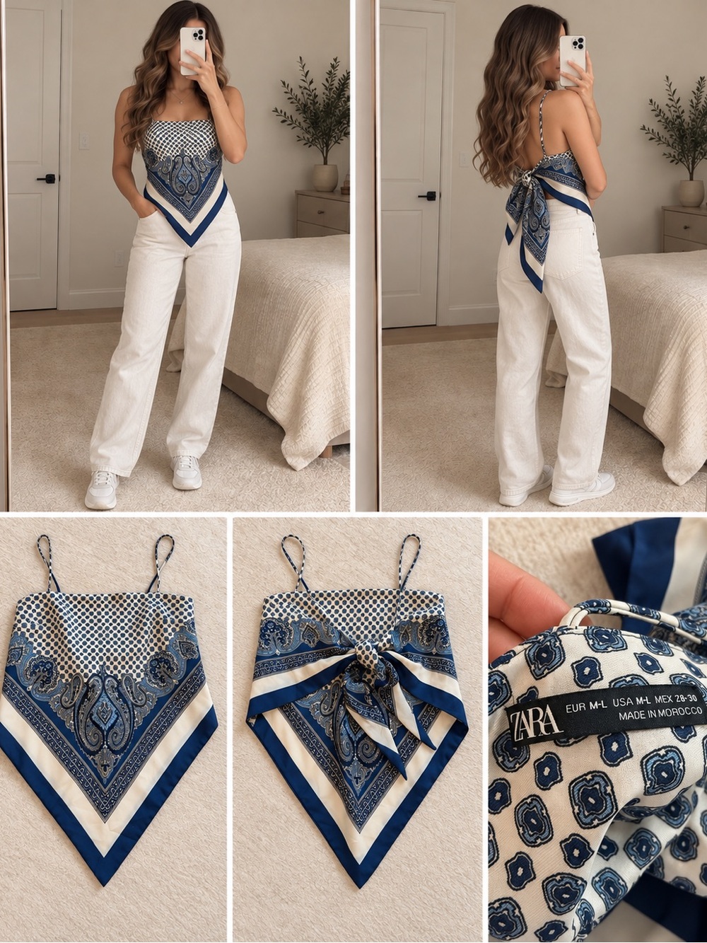 Zara Navy & White Bandana Scarf Top